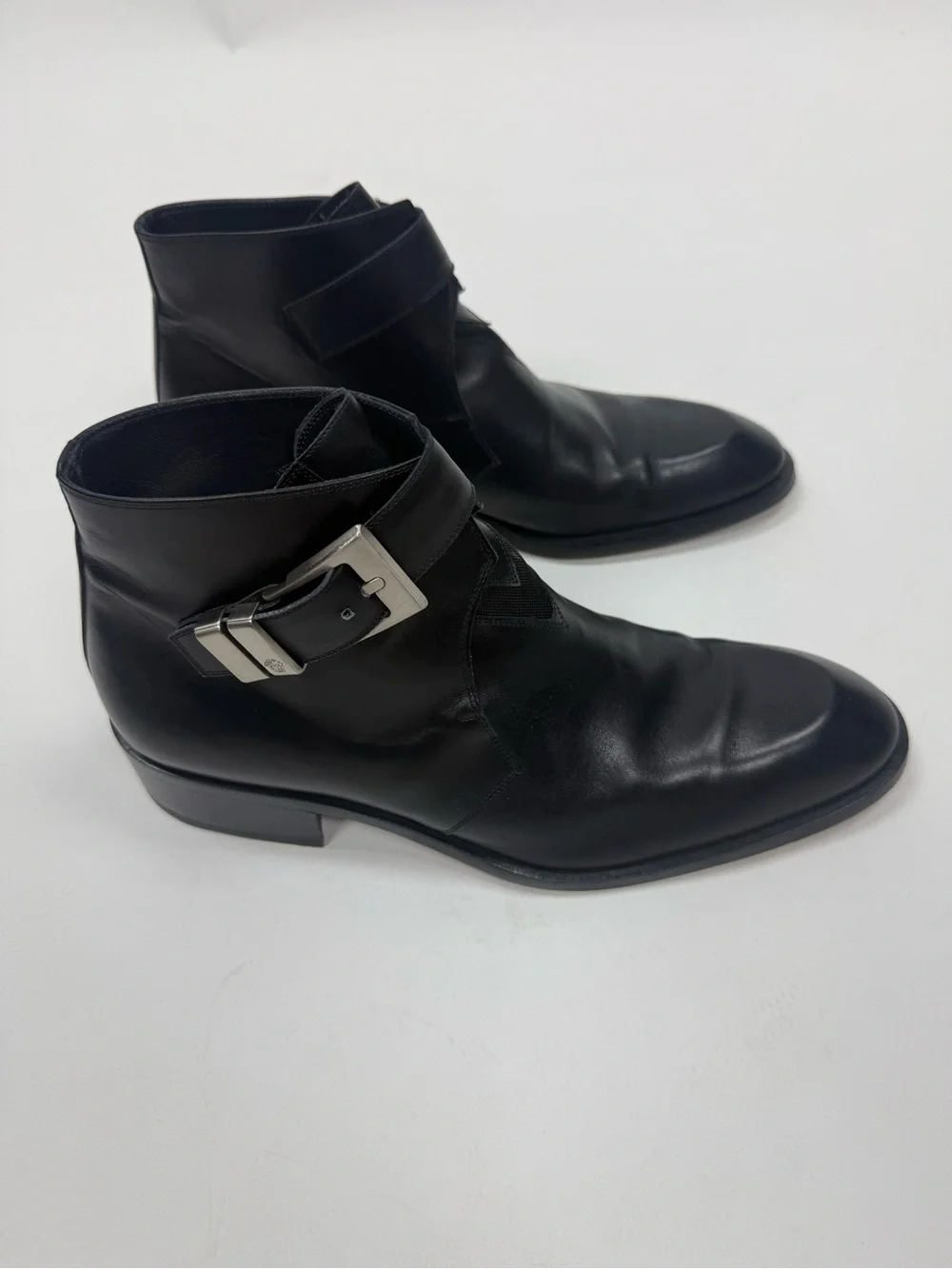 Versace Black Leather Chukka Boots with Silver Buckle